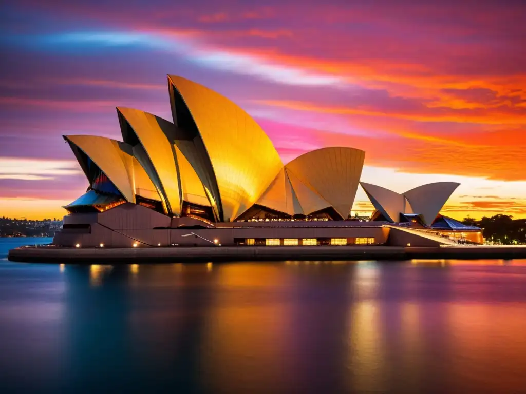 La Ópera de Sídney iluminada al atardecer, reflejando el cielo vibrante