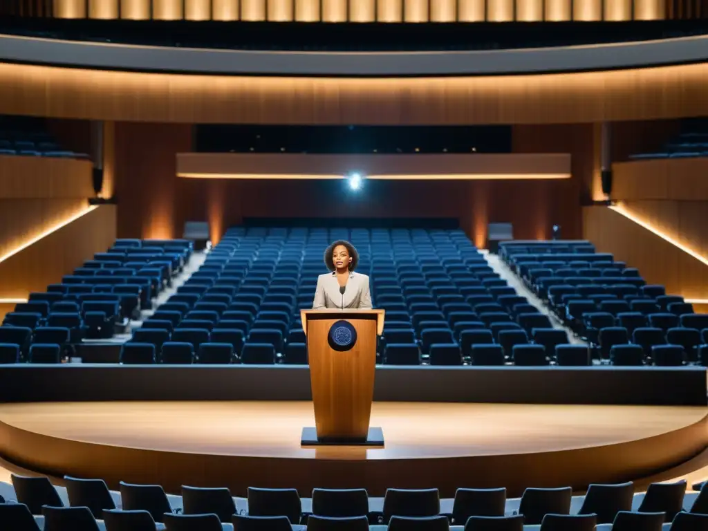 Un orador entrega un discurso apasionado desde un podio en un auditorio moderno