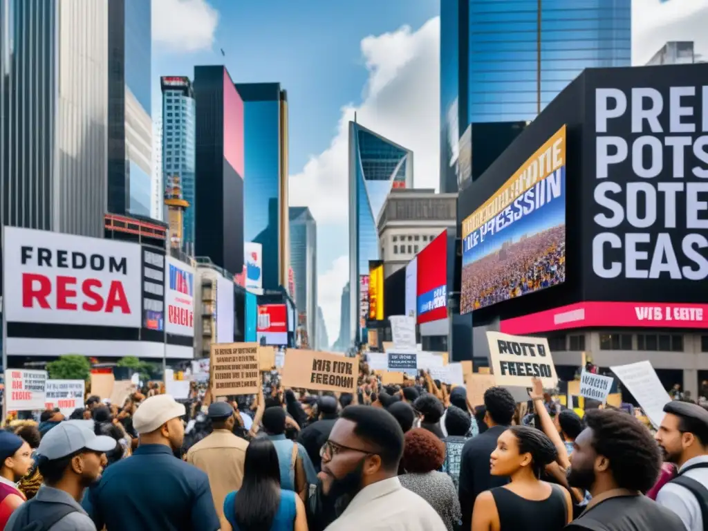 Manifestación pacífica en la ciudad con letreros sobre legislación actual sobre censura y libertad de expresión, entre rascacielos y arte urbano