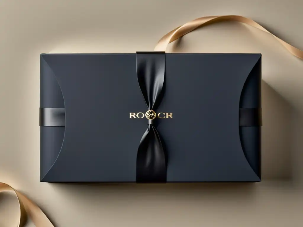 Packaging de marca moda en negro mate con logo sutilmente grabado, rodeado de papel de seda y lazo elegante, creando un impacto de lujo y exclusividad