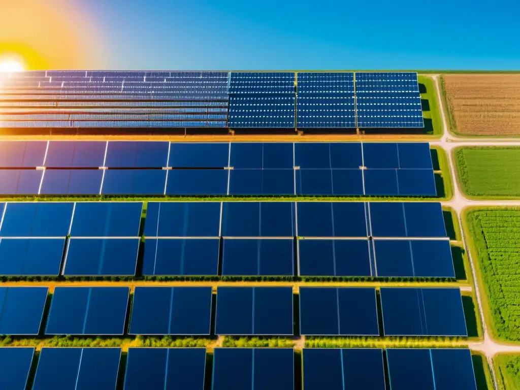 Un paisaje asombroso de una granja solar bajo un cielo azul claro