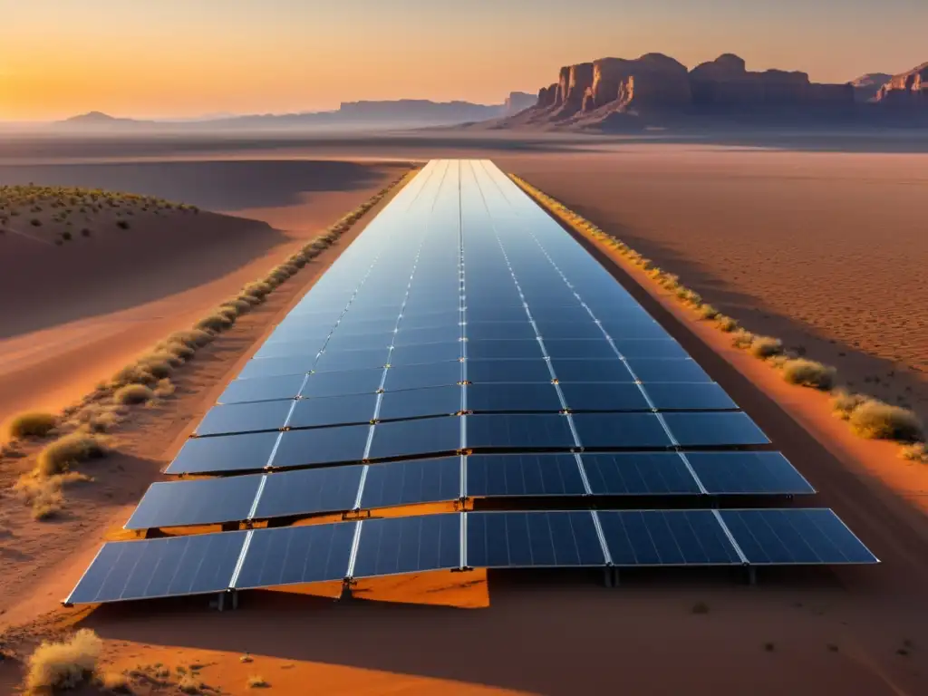 Un paisaje desértico al atardecer con una impresionante matriz de paneles solares futuristas