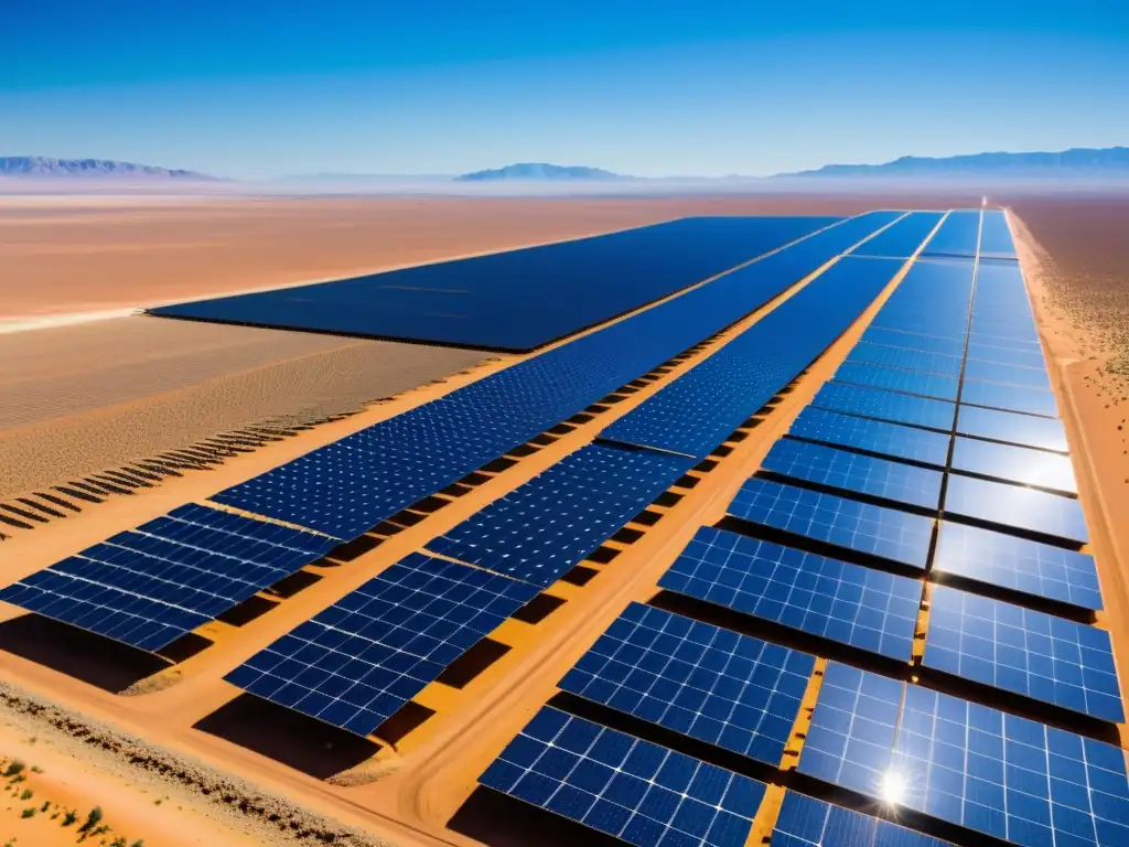 Un paisaje desértico vasto con una moderna matriz de paneles solares captando la luz del sol, transmitiendo innovación en energía renovable