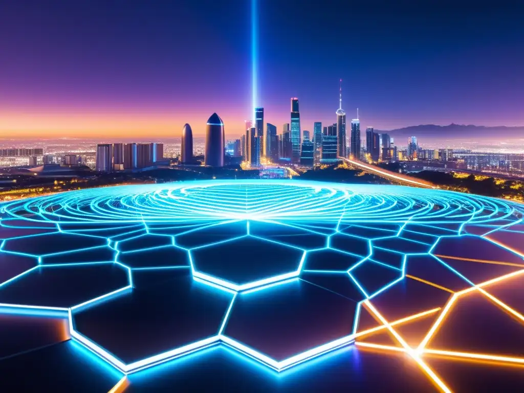 Un paisaje digital futurista con una ciudad metálica de fondo, iluminada por luces de neón