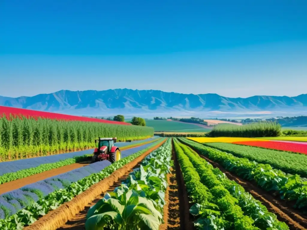 Un paisaje agrícola diverso y vibrante, resaltando el impacto de las patentes agrícolas en la biodiversidad
