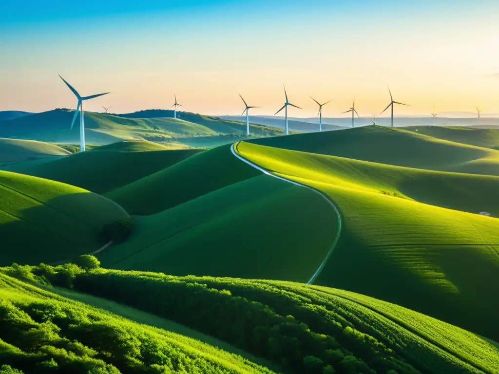 Un paisaje exuberante de colinas verdes con molinos de viento al fondo y una startup de tecnología verde