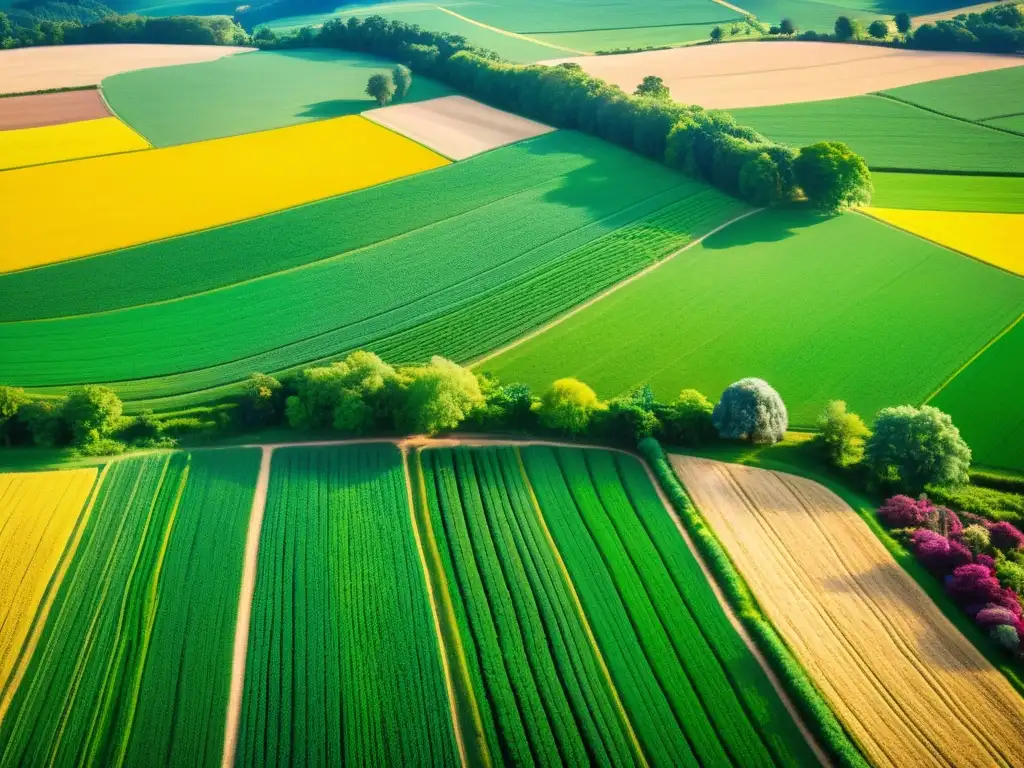 Un paisaje agrícola exuberante y diverso con prácticas sostenibles, que celebra el impacto de las patentes en agricultura sostenible