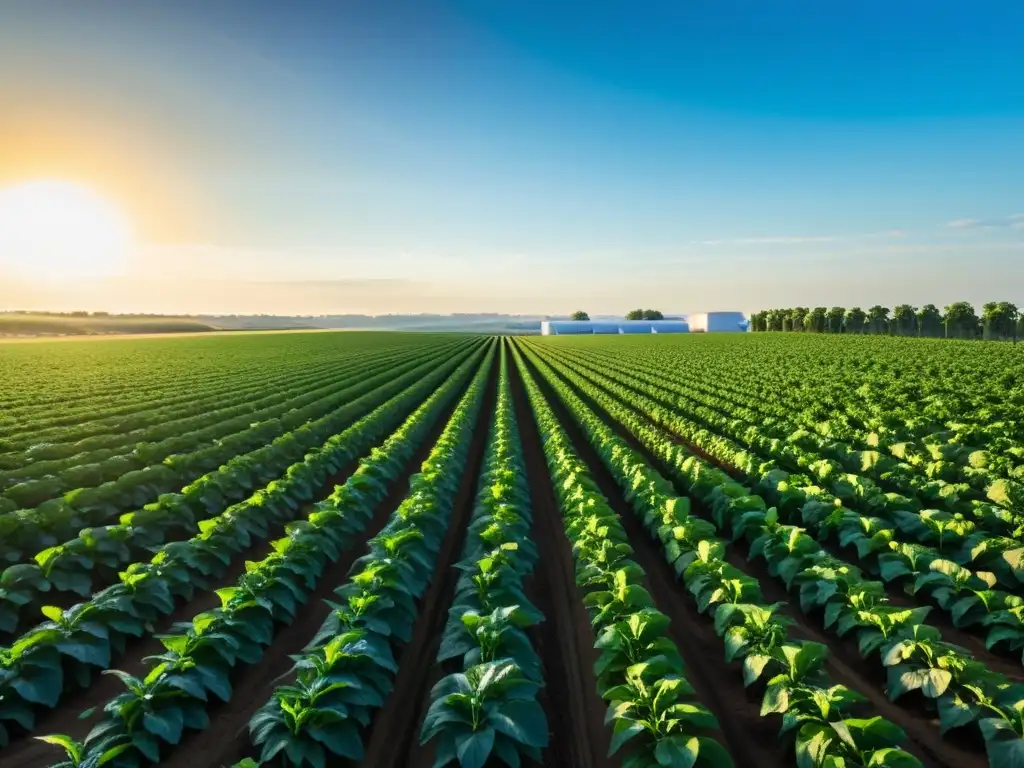 Un paisaje agrícola exuberante y vibrante bajo un cielo azul claro, con cultivos transgénicos que se extienden hasta el horizonte
