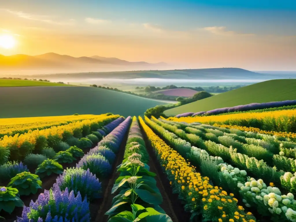 Un paisaje agrícola exuberante y vibrante muestra la biodiversidad, impacto patentes agrícolas biodiversidad