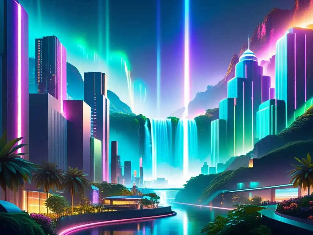 Un paisaje futurista y abstracto con rascacielos interconectados y luces neón