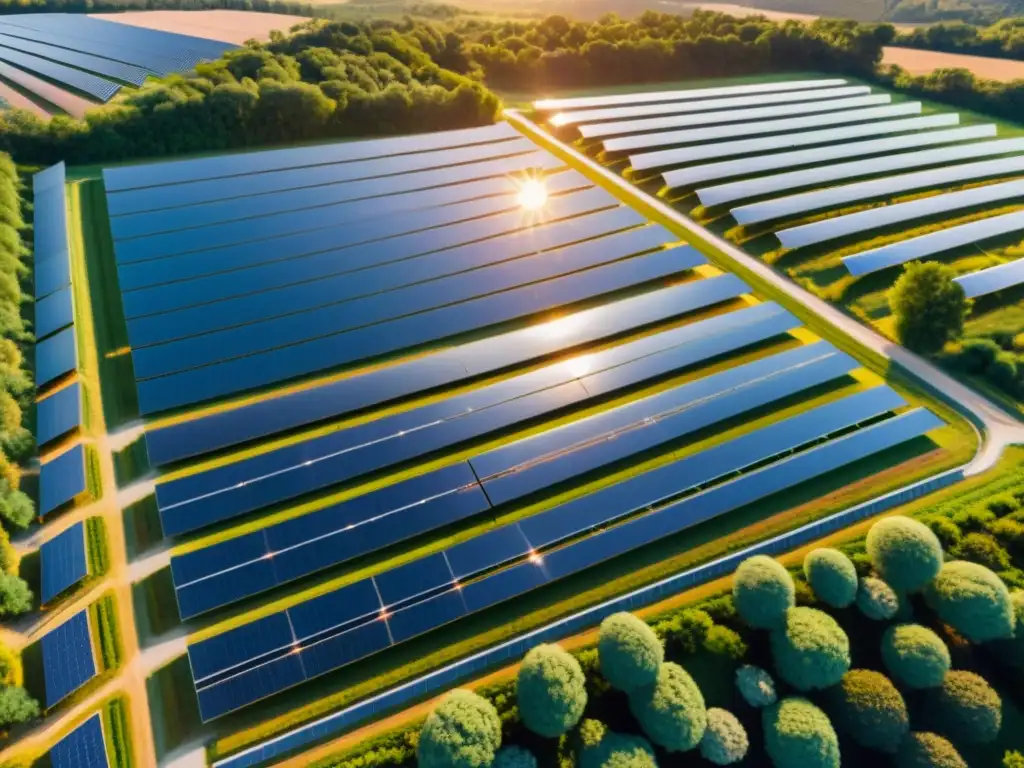 Un paisaje futurista de una granja solar al atardecer, con paneles fotovoltaicos reluciendo en la luz dorada, rodeados de exuberante vegetación