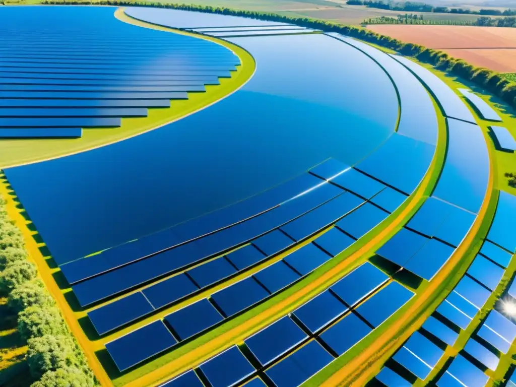 Un paisaje futurista de granjas solares con paneles relucientes captando la luz del sol, en armonía con la naturaleza