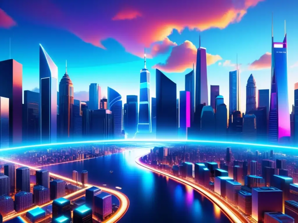 Un paisaje futurista de realidad virtual en el metaverso, con rascacielos, avatares y tecnología avanzada