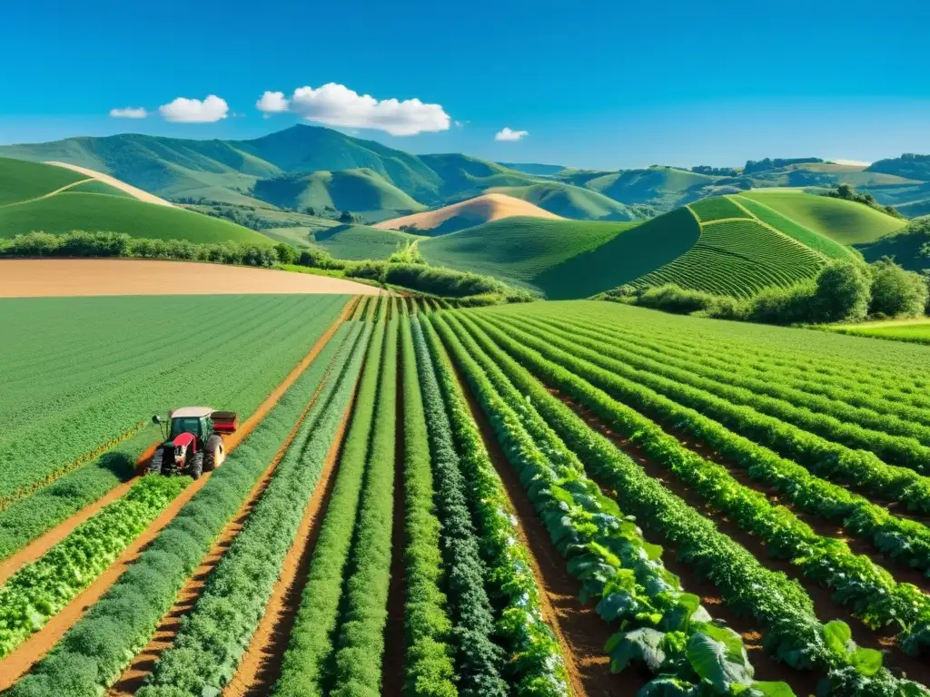 Un paisaje de granja exuberante y vibrante con colinas verdes, cultivos y un cielo azul brillante