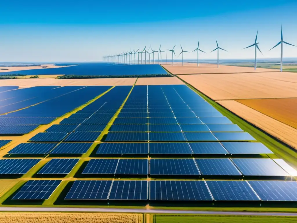 Un paisaje impresionante de granja solar y molinos de viento futuristas, evocando armonía y desarrollo de energías renovables legislación comparativa