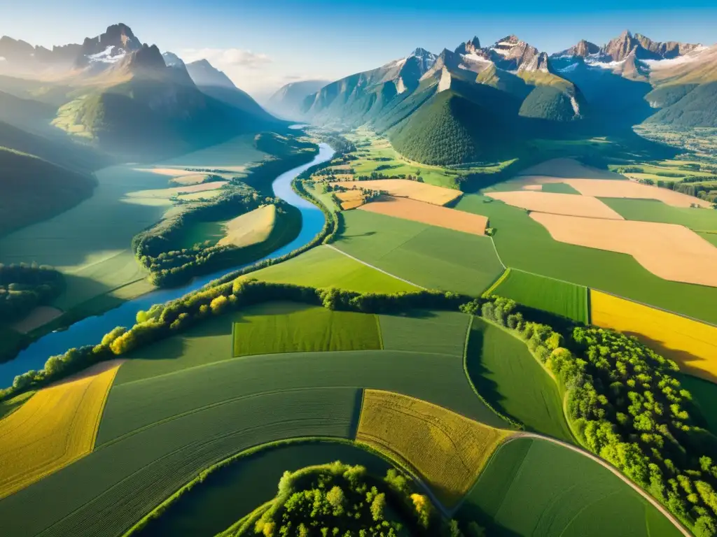 Fotografía aérea de paisaje impresionante con ríos y montañas