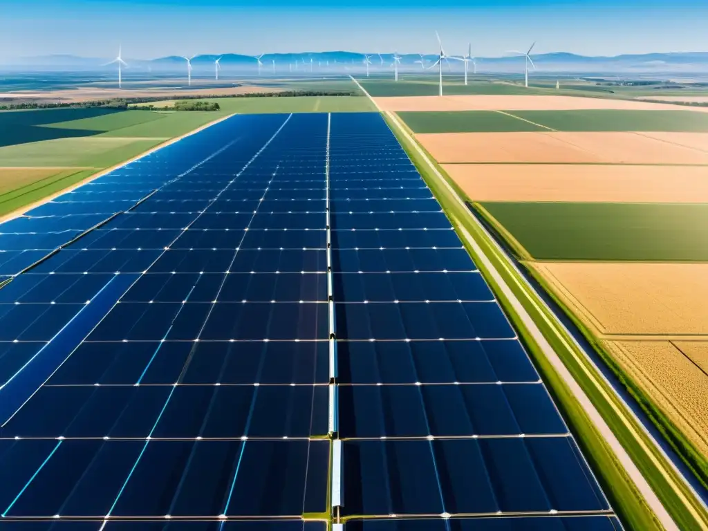 Un paisaje panorámico de una granja solar futurista con paneles brillantes y elegantes, molinos de viento girando y un cielo azul claro