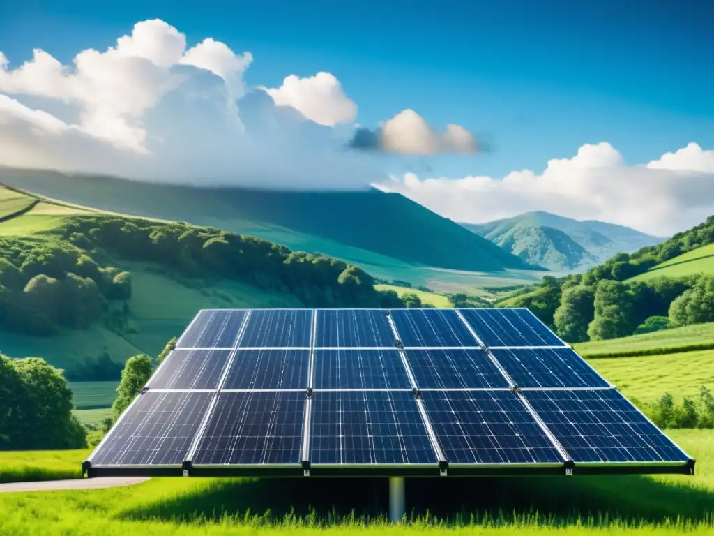 Un paisaje renovable con paneles solares de diseño innovador, reflejando la luz del sol en celdas fotovoltaicas