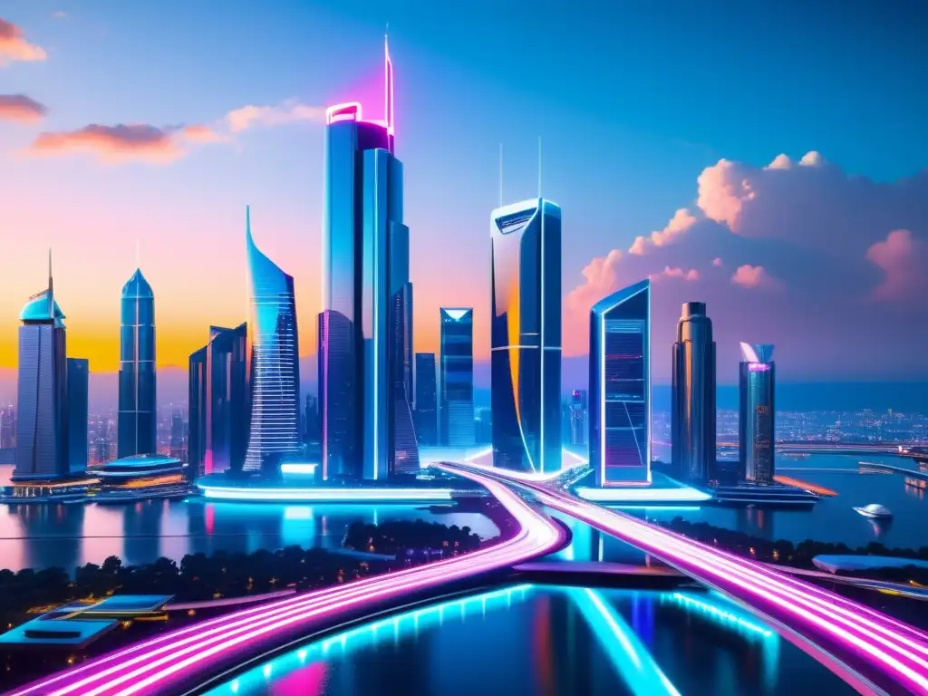 Un paisaje urbano futurista y de alta tecnología con rascacielos de vidrio y luces de neón vibrantes
