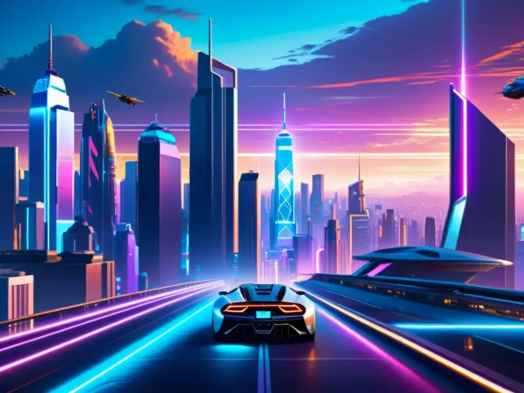 Un paisaje urbano futurista y cyberpunk con luces de neón, rascacielos imponentes y tecnología avanzada, reflejando seguridad y autenticidad para NFT derechos autor