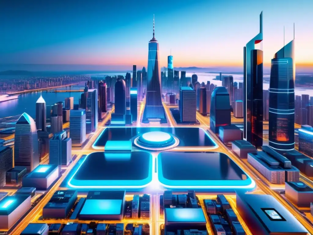 Un paisaje urbano futurista con elementos de realidad aumentada integrados, que refleja la ciberseguridad en juegos de realidad aumentada