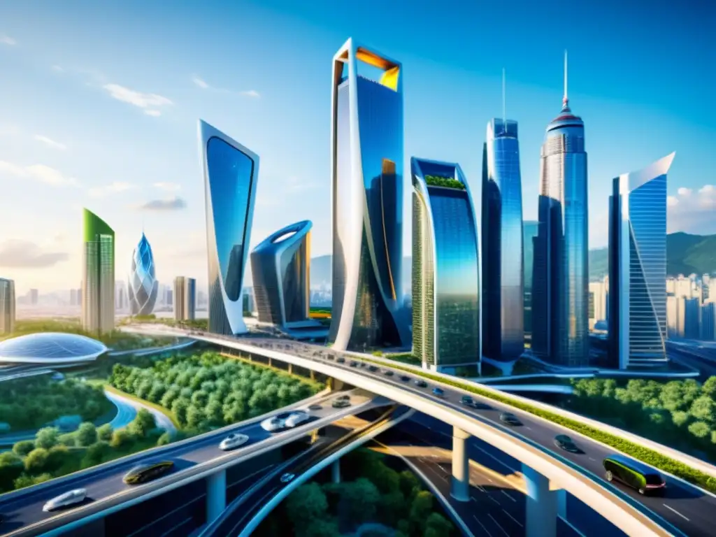 Un paisaje urbano futurista con impacto patentes ecosistema colaborativo: rascacielos, tecnología y energía en movimiento