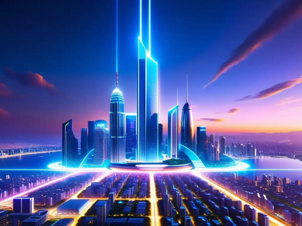 Un paisaje urbano futurista con rascacielos elegantes y una ciudad tecnológicamente avanzada iluminada por luces de neón
