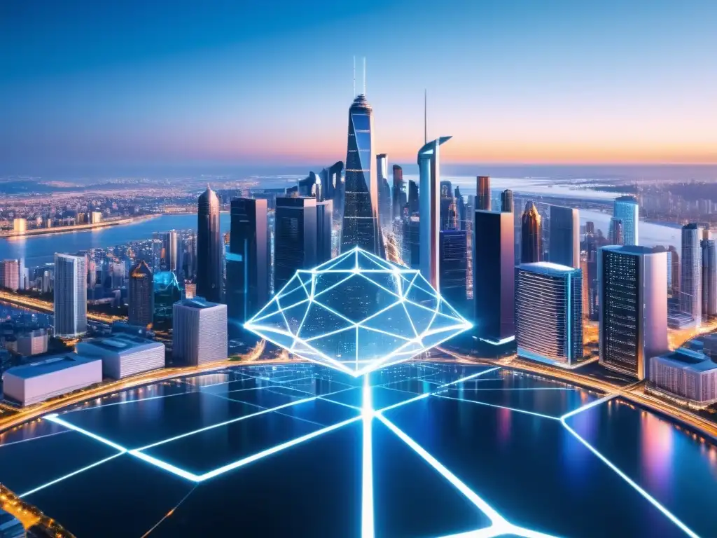 Un paisaje urbano futurista con rascacielos imponentes adornados de tecnología AI avanzada y redes de luces brillantes