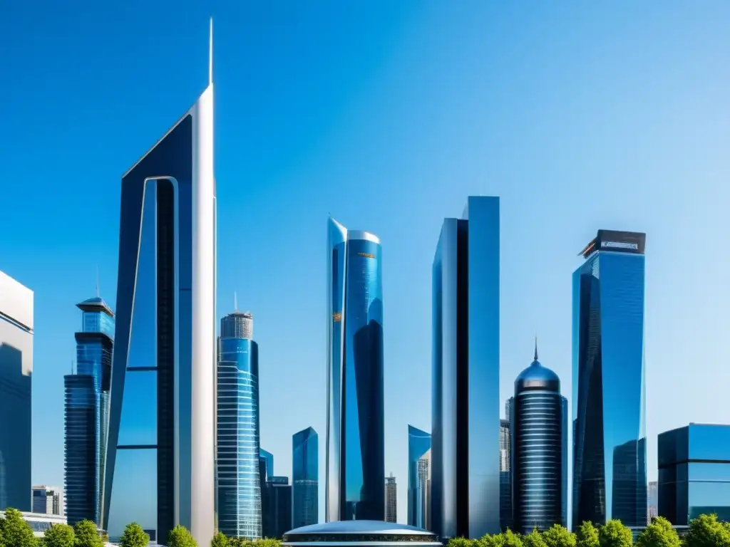 Un paisaje urbano futurista con rascacielos elegantes y líneas modernas, reflejando innovación y tecnología