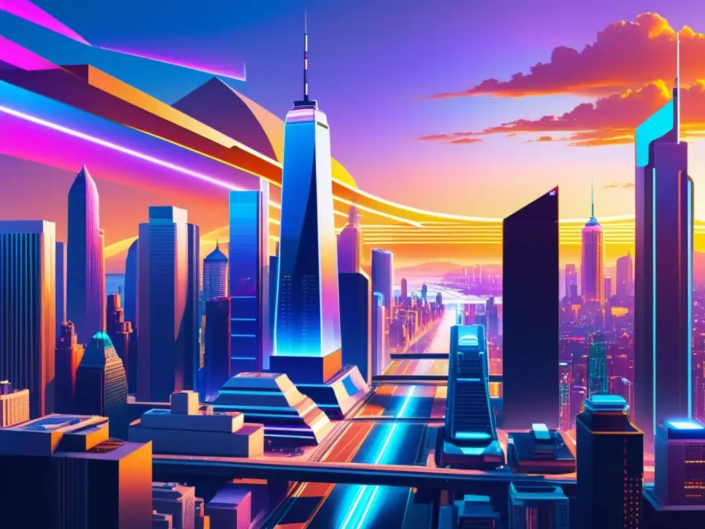 Un paisaje urbano futurista con rascacielos interconectados y tecnología avanzada, iluminado por un impresionante atardecer