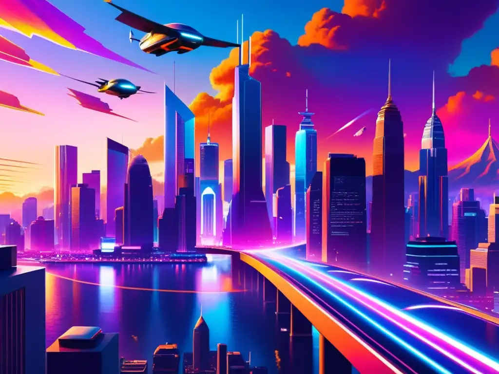 Metrópolis futurista: Creatividad en la industria del juego Un paisaje urbano futurista con rascacielos imponentes, vehículos voladores y luces de neón que iluminan las bulliciosas calles