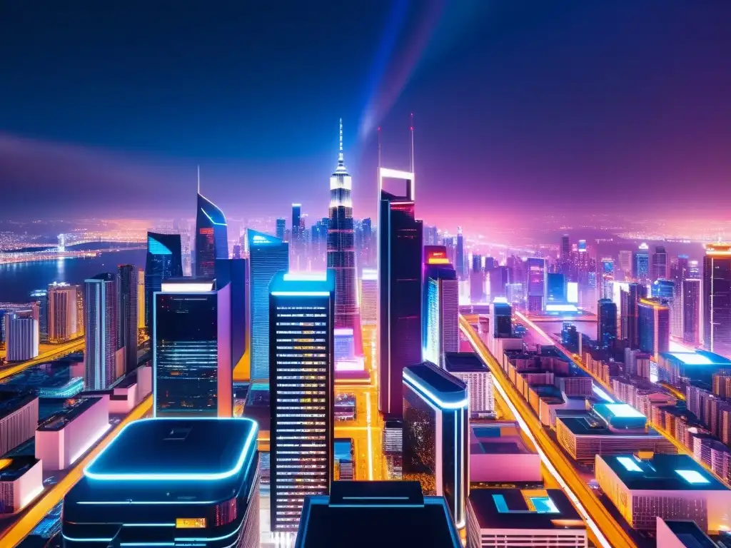 Un paisaje urbano futurista con rascacielos imponentes y luces de neón, evocando progreso y creatividad en un mundo de Fan Fiction y Derecho de Autor