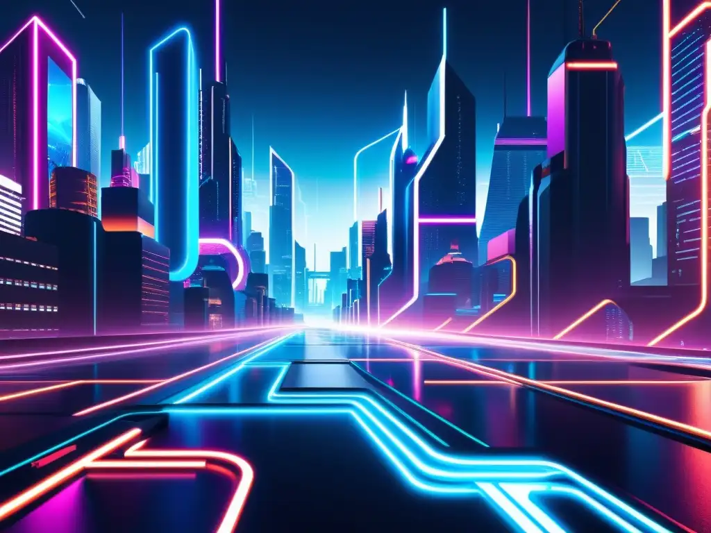 Un paisaje urbano futurista mostrando una red de caminos de neón conectados y nodos brillantes, con un toque de ciberpunk