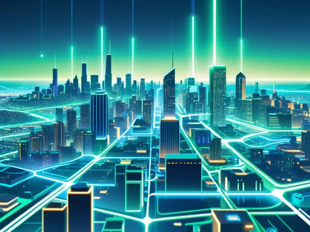 Un paisaje urbano futurista con redes blockchain transparentes flotando sobre los edificios