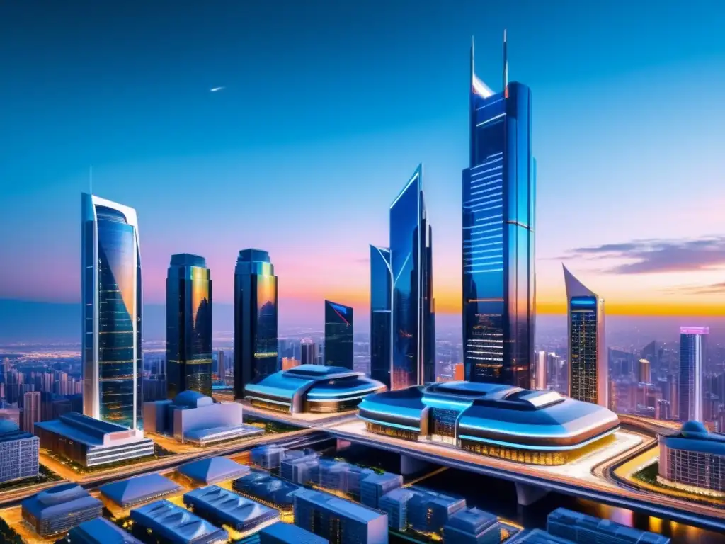 Un paisaje urbano futurista y ultramoderno con rascacielos elegantes que se elevan hacia un cielo tecnológicamente avanzado
