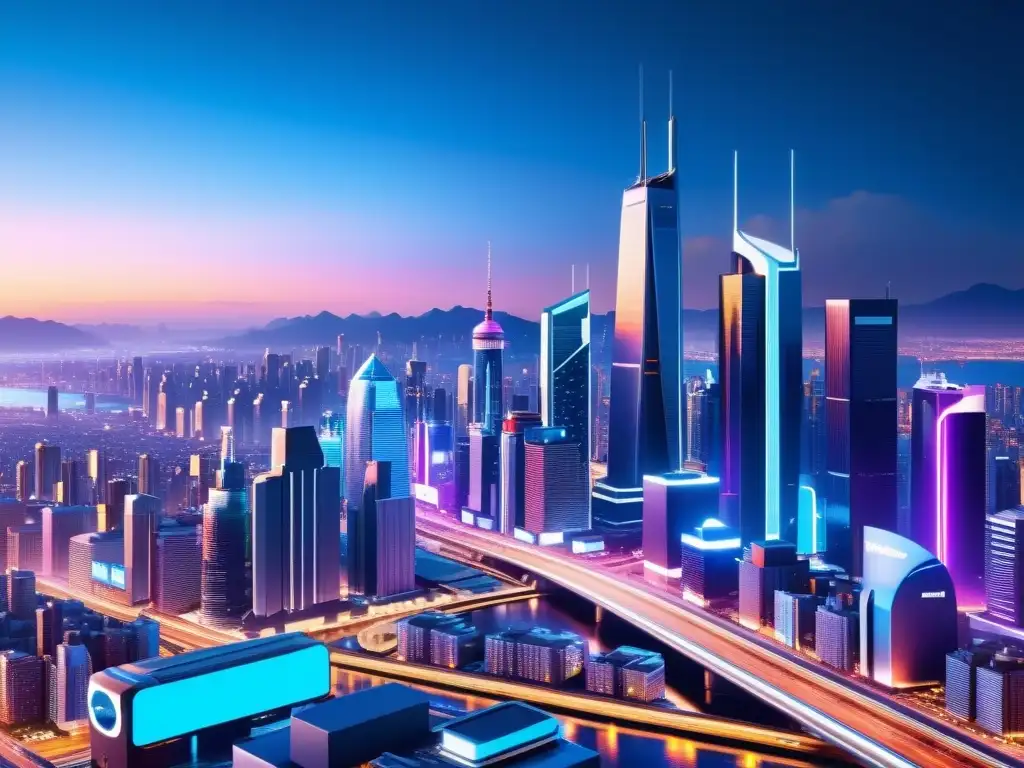 Un paisaje urbano futurista en 8k con vallas publicitarias digitales y luces de neón, un símbolo de innovación y progreso en la monetización de videojuegos y derechos de autor