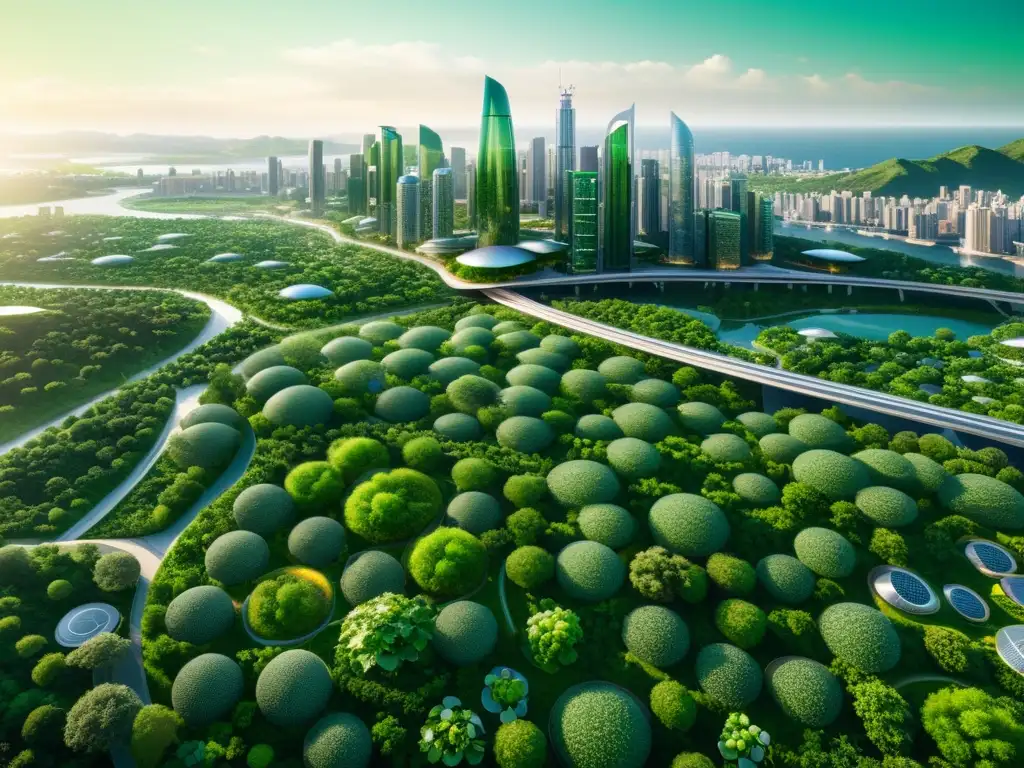 Cityscape futurista verde: arquitectura sostenible y energía renovable Un paisaje urbano verde futurista con arquitectura sostenible que muestra la intersección entre patentes, medio ambiente y sostenibilidad