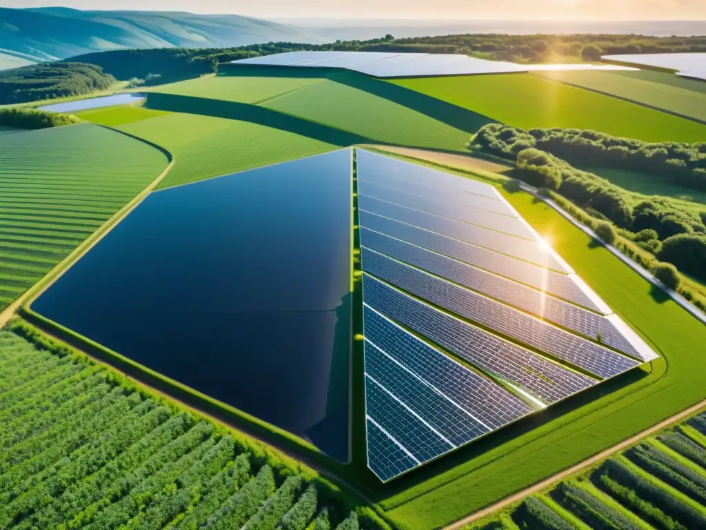 Un paisaje verde con un campo futurista de paneles solares, cada uno brillando bajo el sol