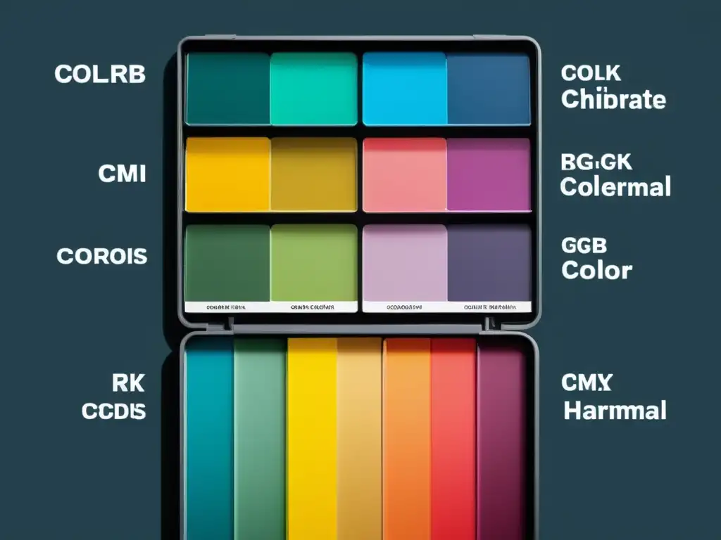 Una paleta de colores vibrantes con códigos RGB, CMYK y hexadecimales, clave en la psicología del color e identidad corporativa