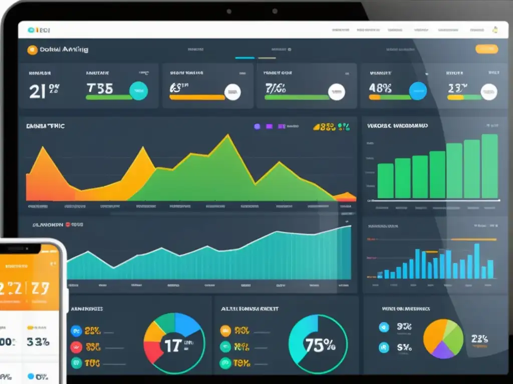 Tablero de análisis de marketing digital: métricas dinámicas y vibrantes Panel de análisis de marketing digital con gráficos dinámicos