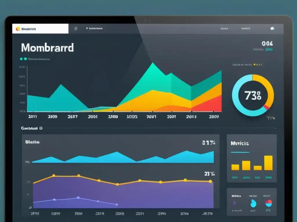 Un panel de control digital moderno y elegante con vibrantes visualizaciones de datos y elementos interactivos