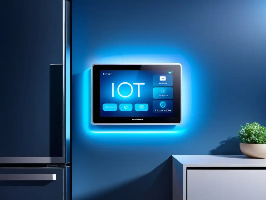 Panel de control futurista en casa inteligente con holograma de dispositivos IoT, en un ambiente hightech