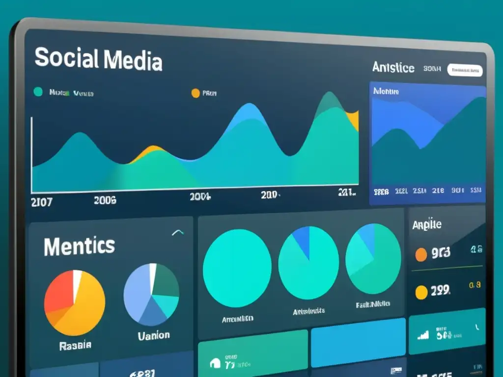 Panel digital moderno y dinámico con análisis de redes sociales en tiempo real, gráficos vibrantes y colores profesionales