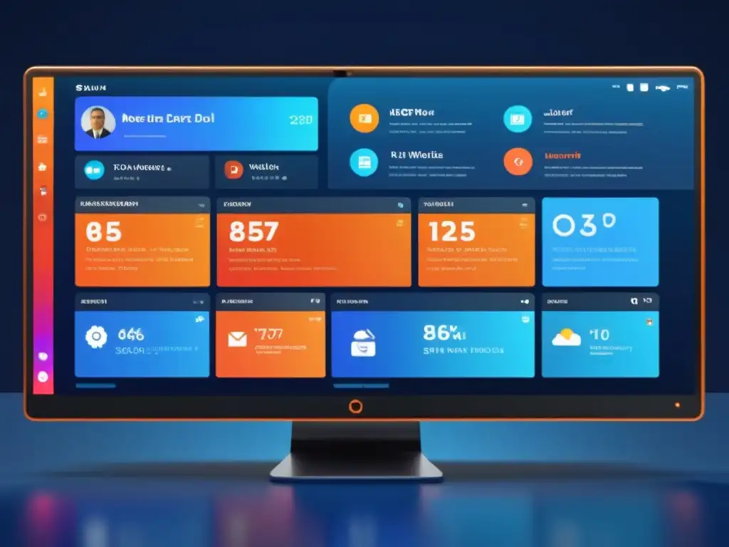 Panel futurista con herramientas de monitorización de marca en internet, visualizaciones dinámicas en pantalla 8k