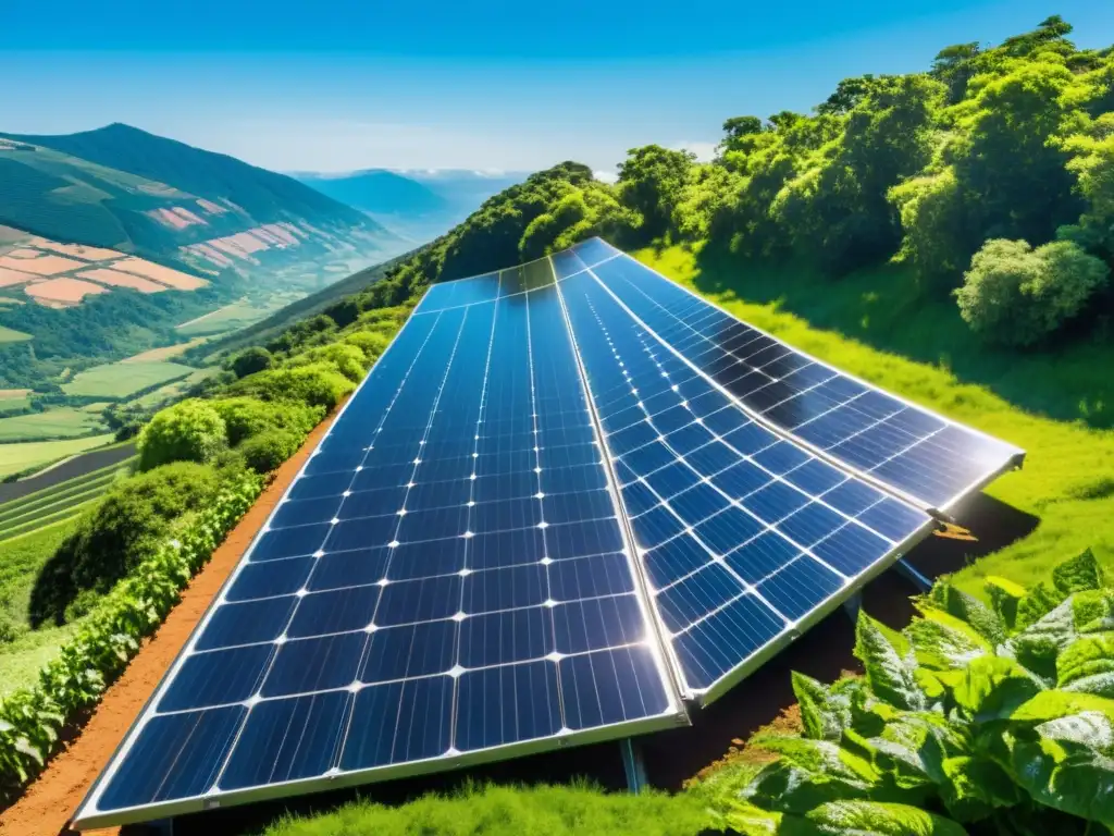 Paneles solares de alta tecnología en paisaje verde Un panel solar de alta tecnología en un paisaje verde, destacando la integración con la naturaleza y la transición energética