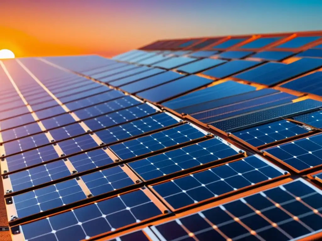 Paneles solares futuristas reflejando atardecer vibrante
