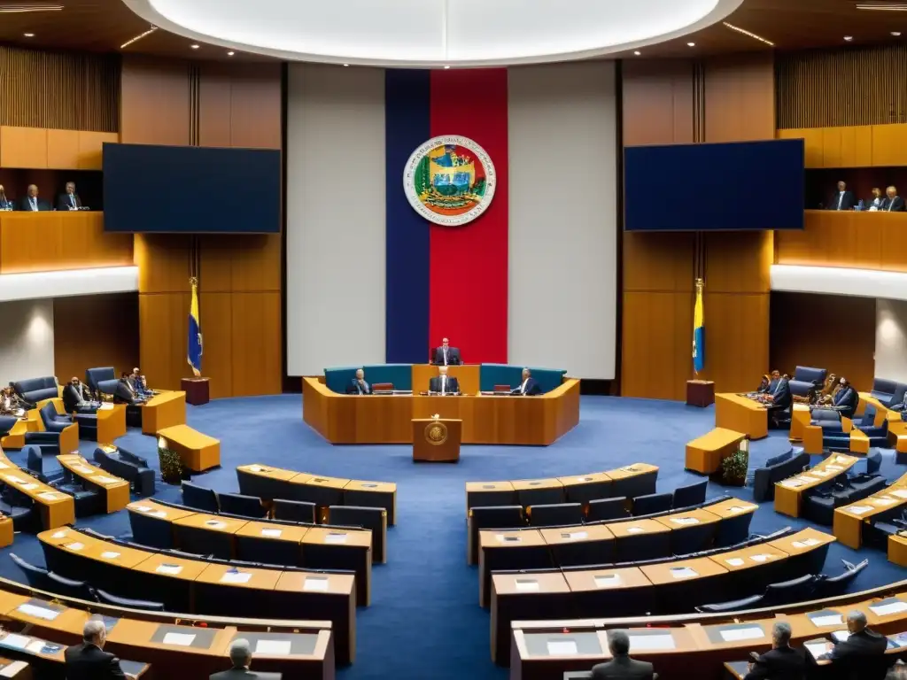 Un panorama de una moderna cámara legislativa llena de legisladores, con la bandera nacional en exhibición y la Convención Interamericana sobre Derechos de Autor destacada en una gran pantalla al frente
