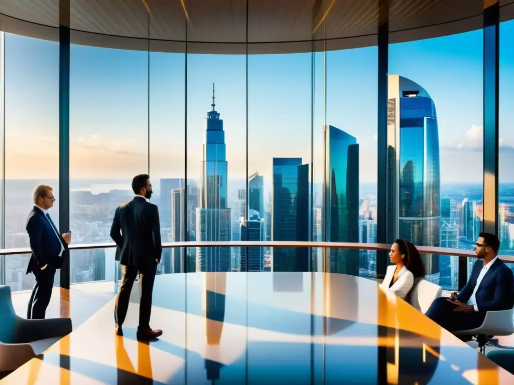 Panorámica de distrito comercial internacional con rascacielos modernos y profesionales en discusiones, reflejando la complejidad de la auditoría propiedad intelectual empresas multinacionales