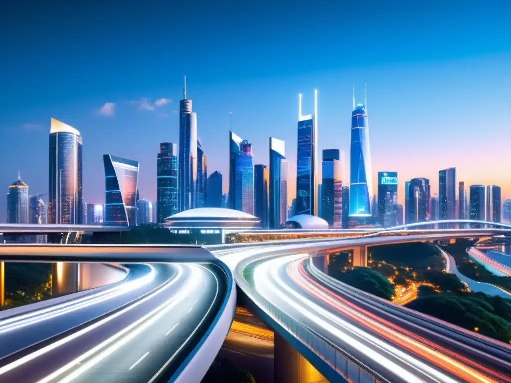 Una panorámica futurista de la ciudad de noche, con rascacielos iluminados y vehículos de alta tecnología