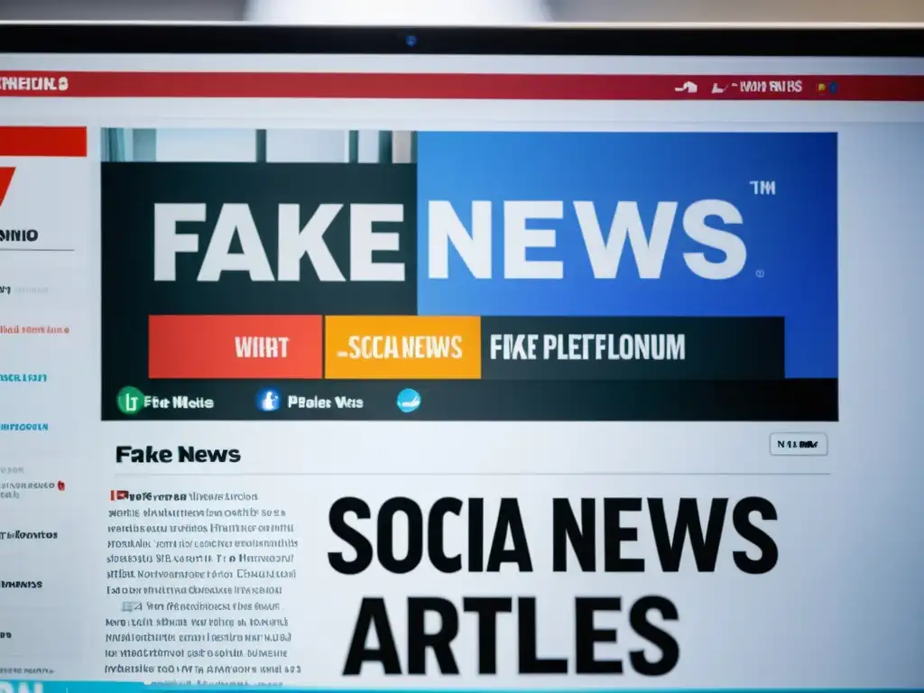 En la pantalla de la computadora se muestra una plataforma de redes sociales con titulares de noticias y las palabras 'Fake News' destacadas